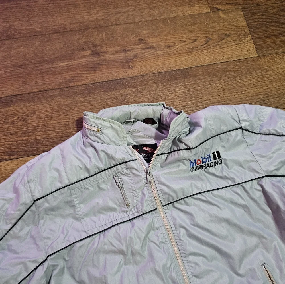 80s Mobil 1 Racing Bomber Windbreaker‎ Hooded Jacket Stange Sz L Gray Korea Vtg